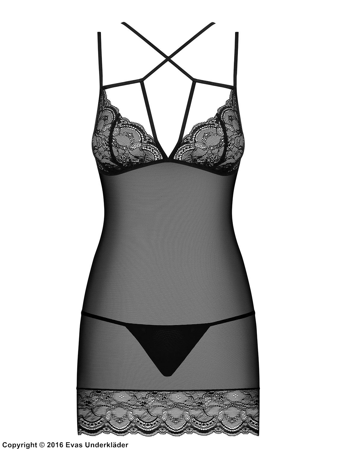 Seductive chemise, sheer mesh and lace, crossing straps